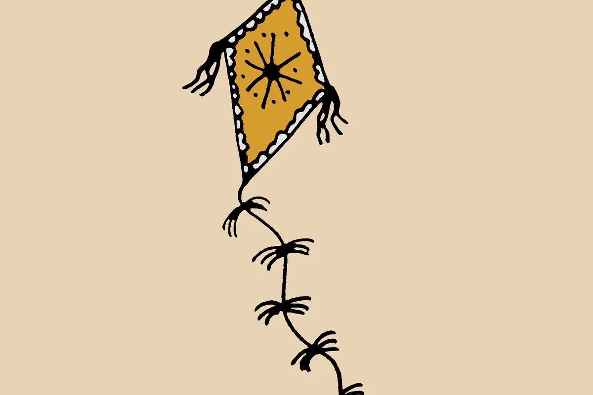 A simple hand-drawn kite floating against a warm neutral background