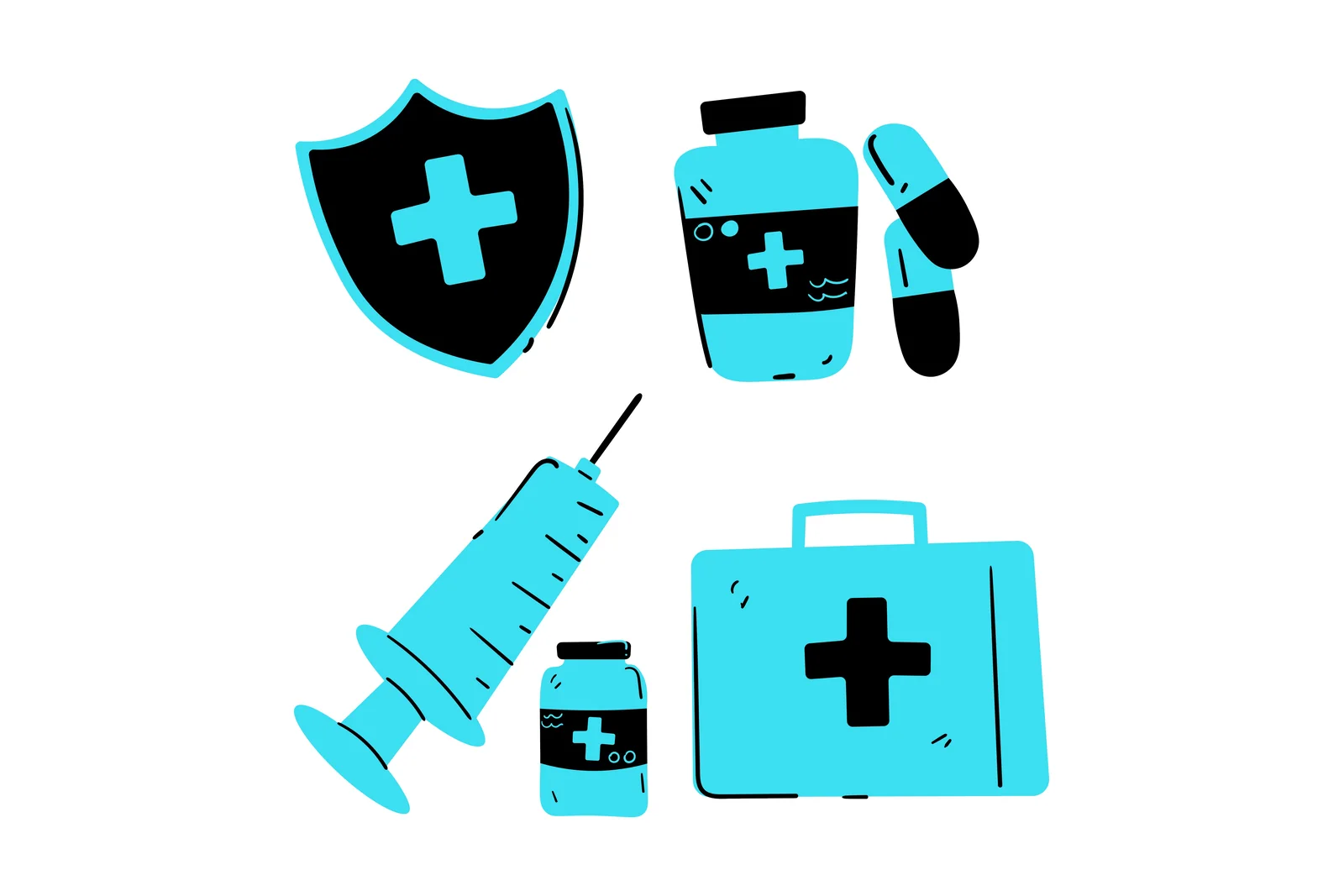 A bright medical-benefits illustration with a shield, medicine, syringe and first-aid kit