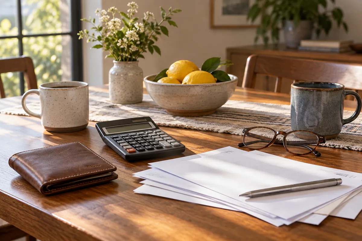 A wallet, calculator, household papers and two cups arranged on a sunlit dining table