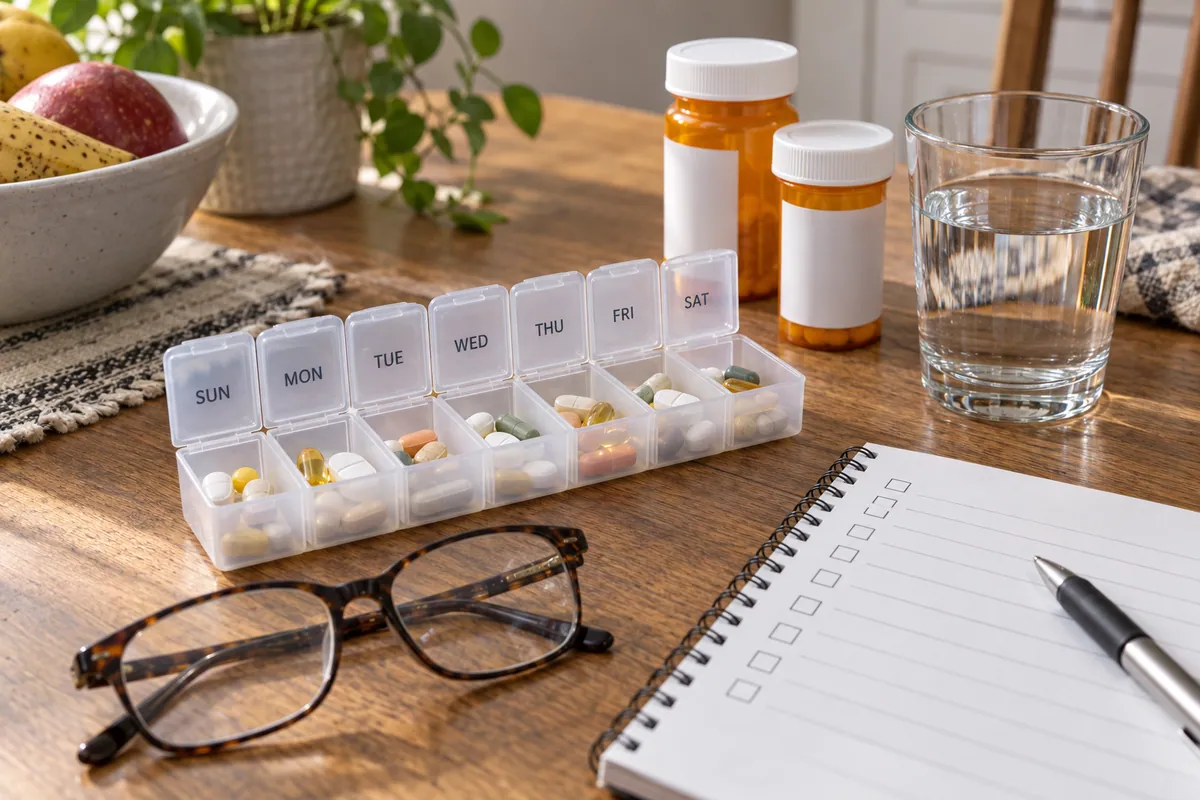 A weekly pill organizer, water, reading glasses and a blank medication checklist at home