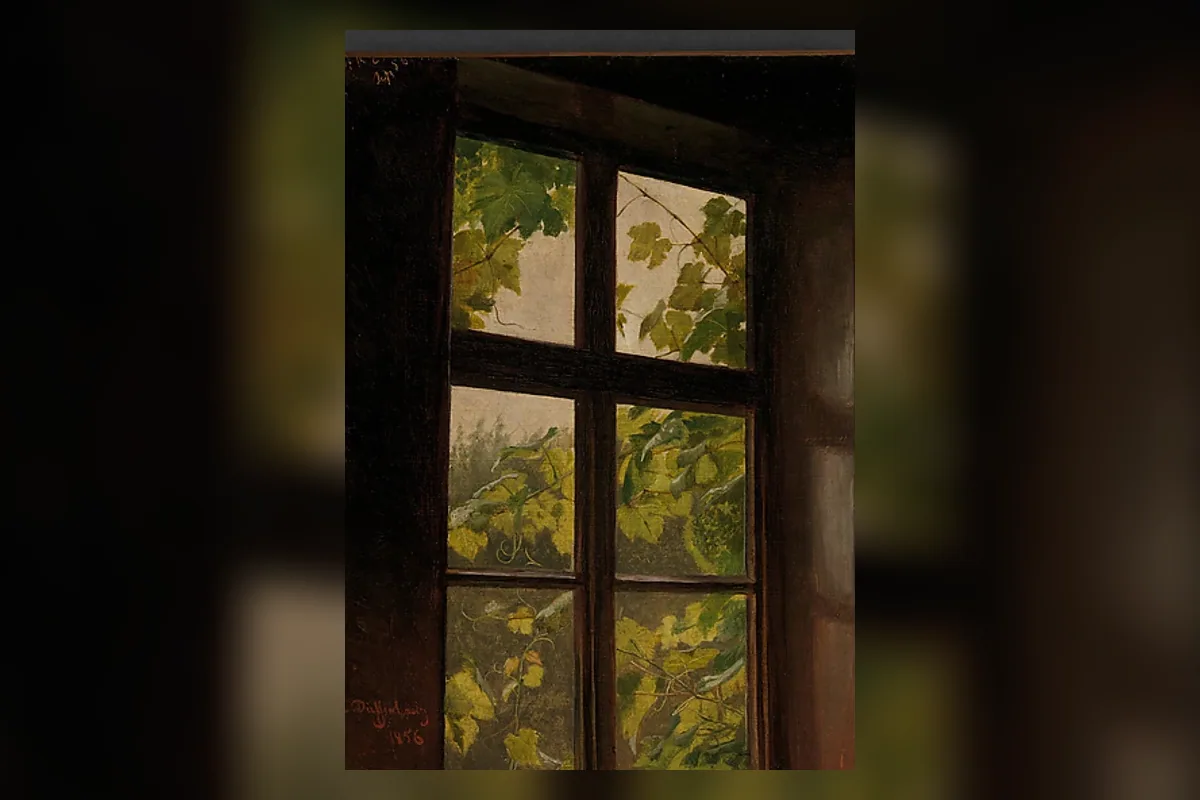 A vine-framed window painted by Anton Dieffenbach, suggesting a calm view toward what comes next