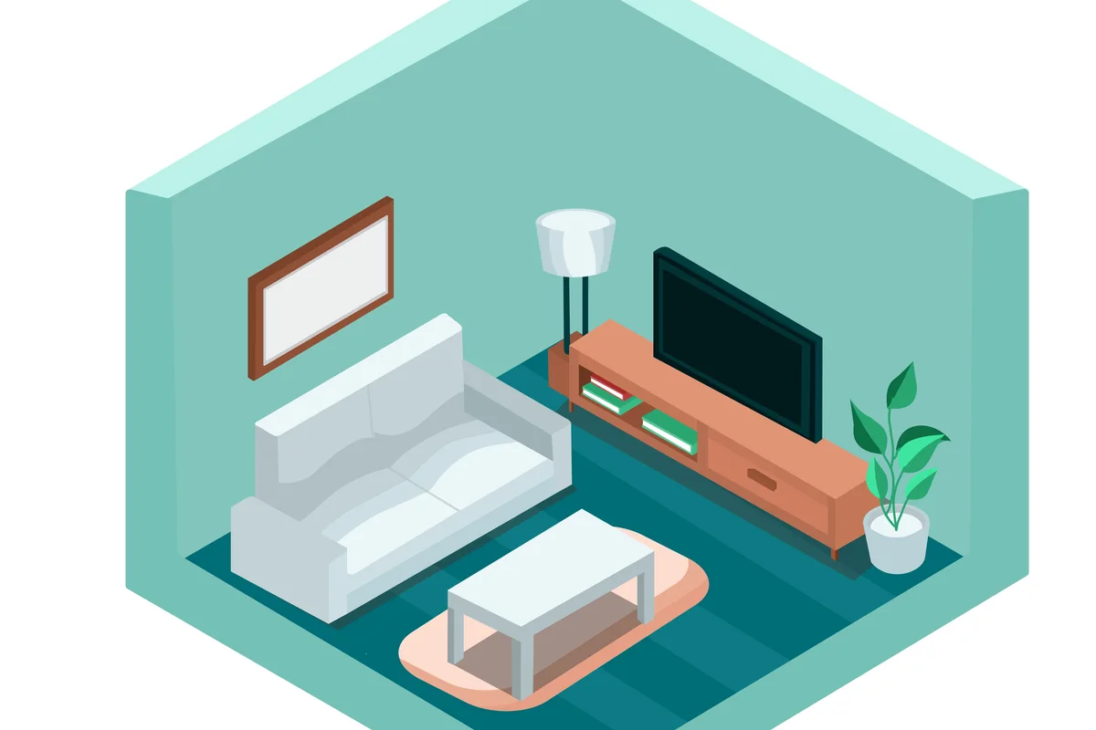 An isometric illustration of a welcoming furnished living room