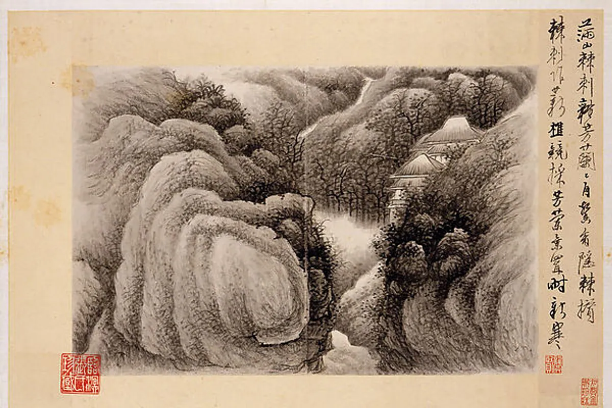 A tranquil ink landscape with a small home among mountains by Gong Xian