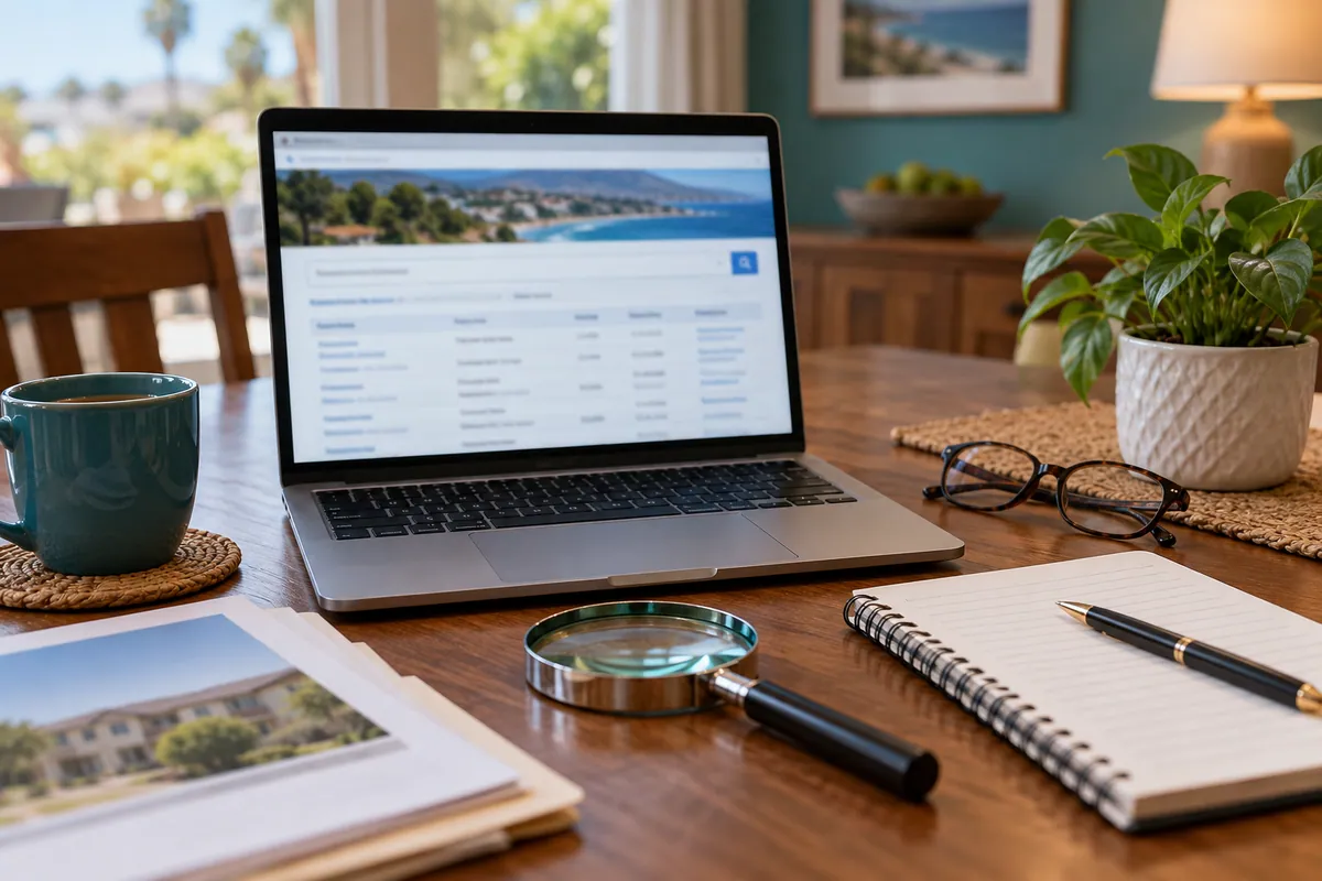 A laptop with a blurred public-record page, magnifying glass and notebook on a dining table