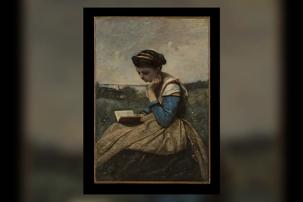 A woman reading outdoors in a painting by Camille Corot