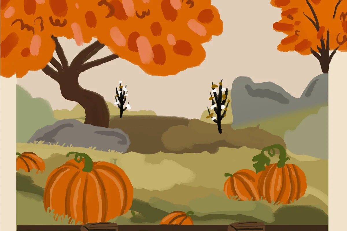 An illustrated autumn garden with pumpkins and orange trees
