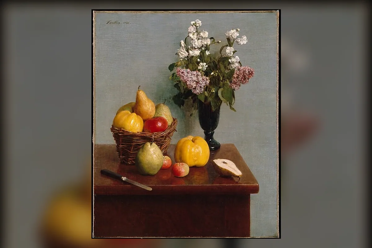Flowers and everyday fruit arranged on a table in a still life by Henri Fantin-Latour